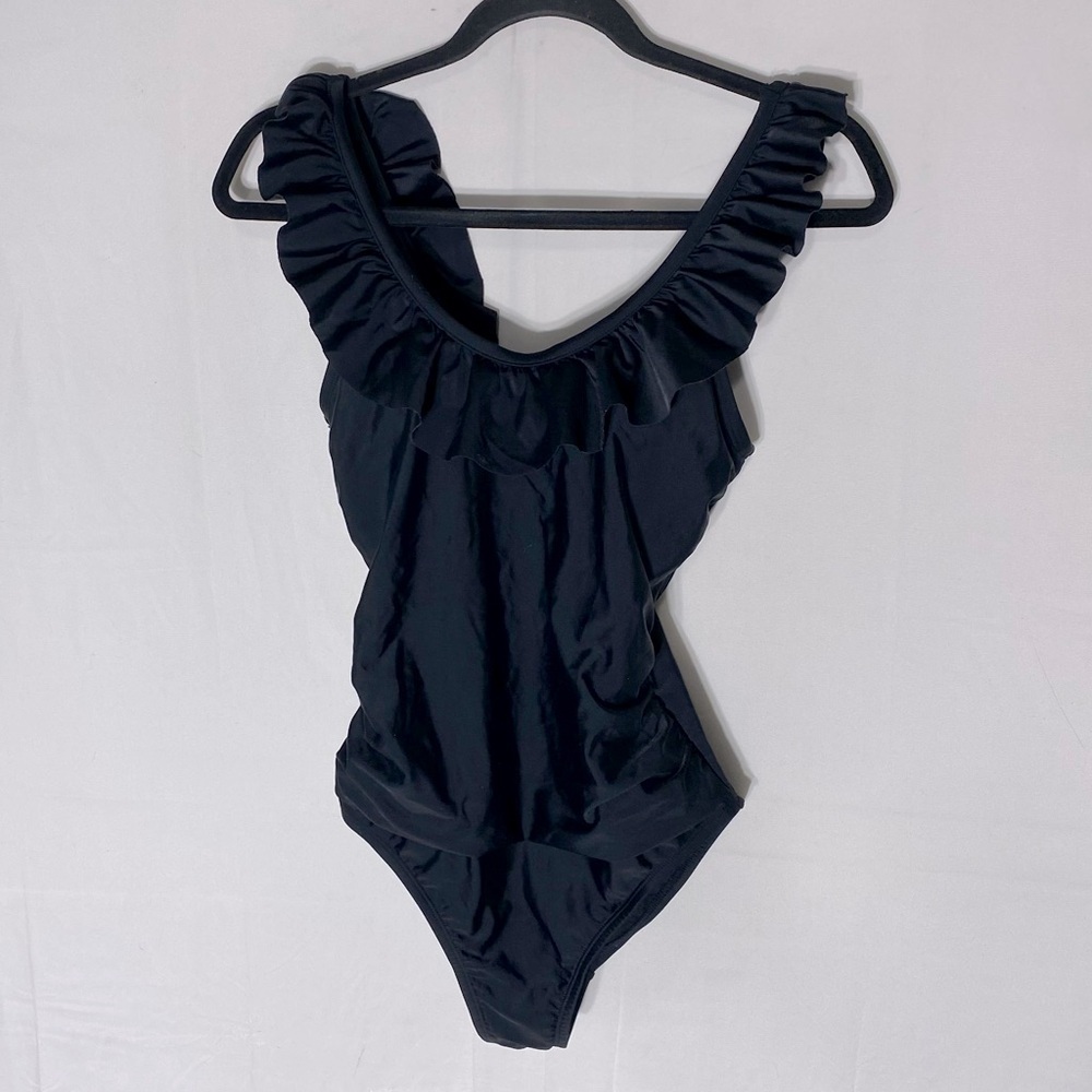 Kona Sol Black Ruffled One Piece Bathing Suit Swimsuit S